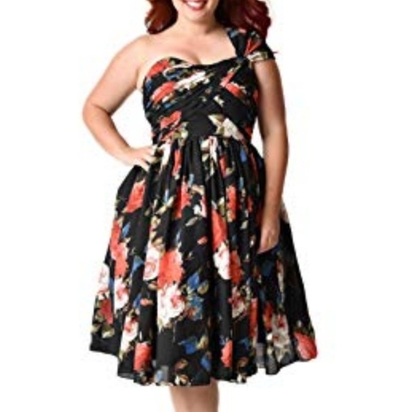 Unique Vintage Black Floral Roses One Shoulder Pinup Retro Dress Size Small - Picture 2 of 8
